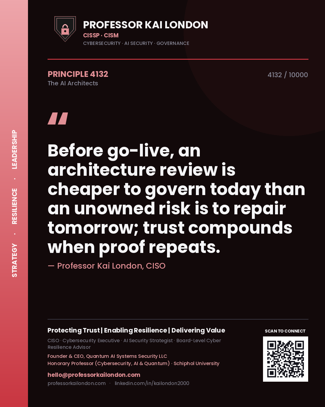 Professor Kai London principle 4132: Before go-live, an architecture review is cheaper to govern today than an unowned risk is to repair tomorrow; trust compounds when proof repeats.