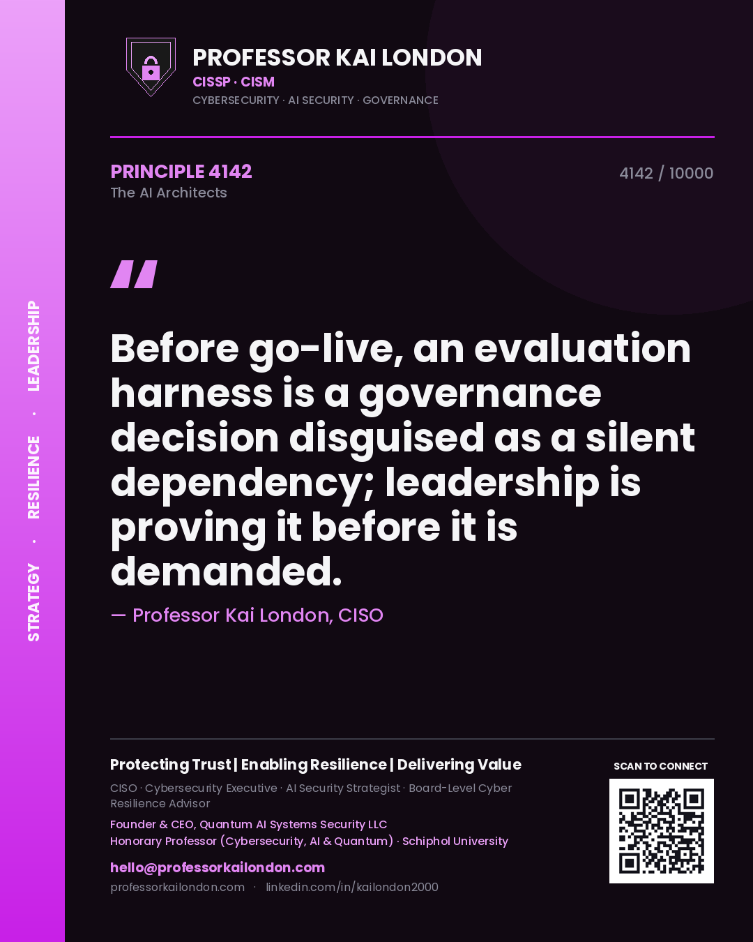 Professor Kai London principle 4142: Before go-live, an evaluation harness is a governance decision disguised as a silent dependency; leadership is proving it before it is demanded.