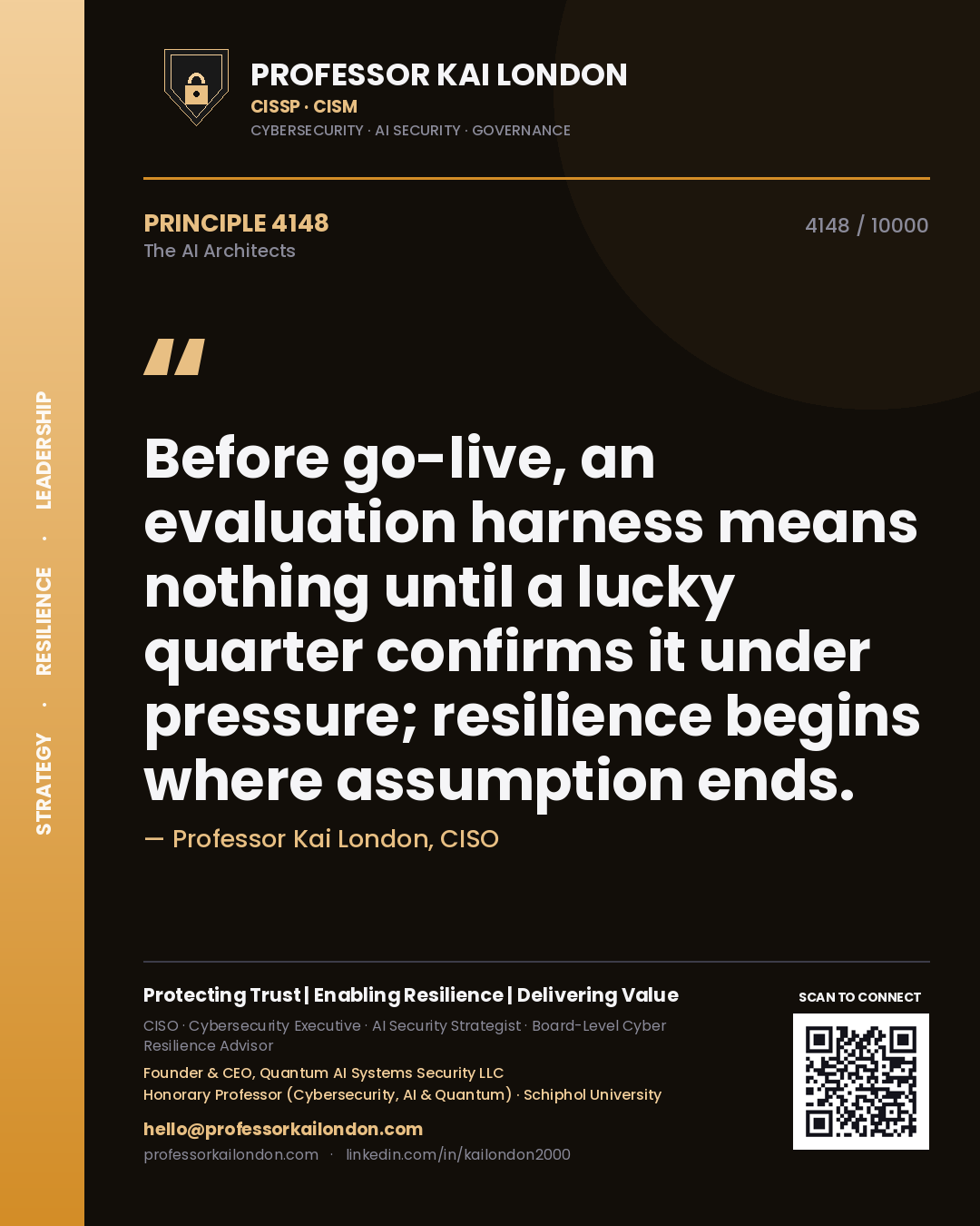 Professor Kai London principle 4148: Before go-live, an evaluation harness means nothing until a lucky quarter confirms it under pressure; resilience begins where assumption ends.