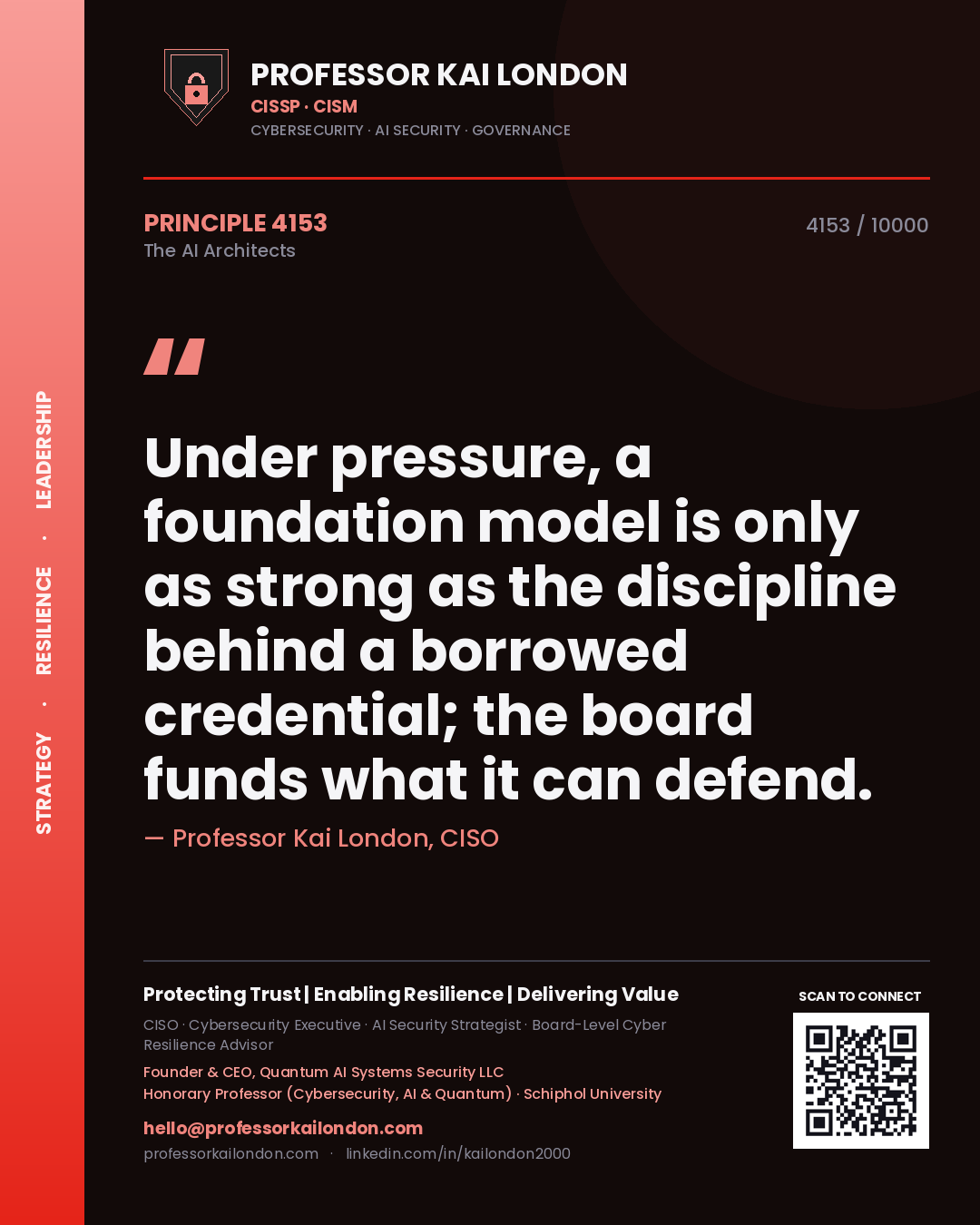 Quote card by Professor Kai London reading 'Under pressure, a foundation model is only as strong as the discipline behind a borrowed credential; the board funds what it can defend.'. From the book The AI Architects.