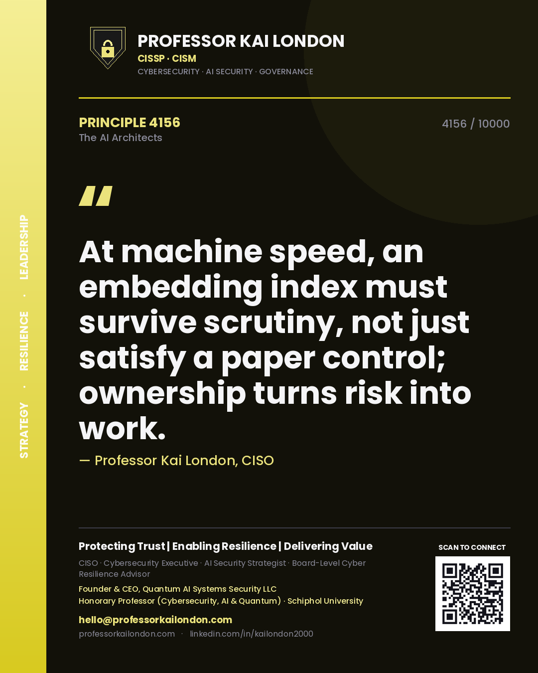 Professor Kai London principle 4156: At machine speed, an embedding index must survive scrutiny, not just satisfy a paper control; ownership turns risk into work.