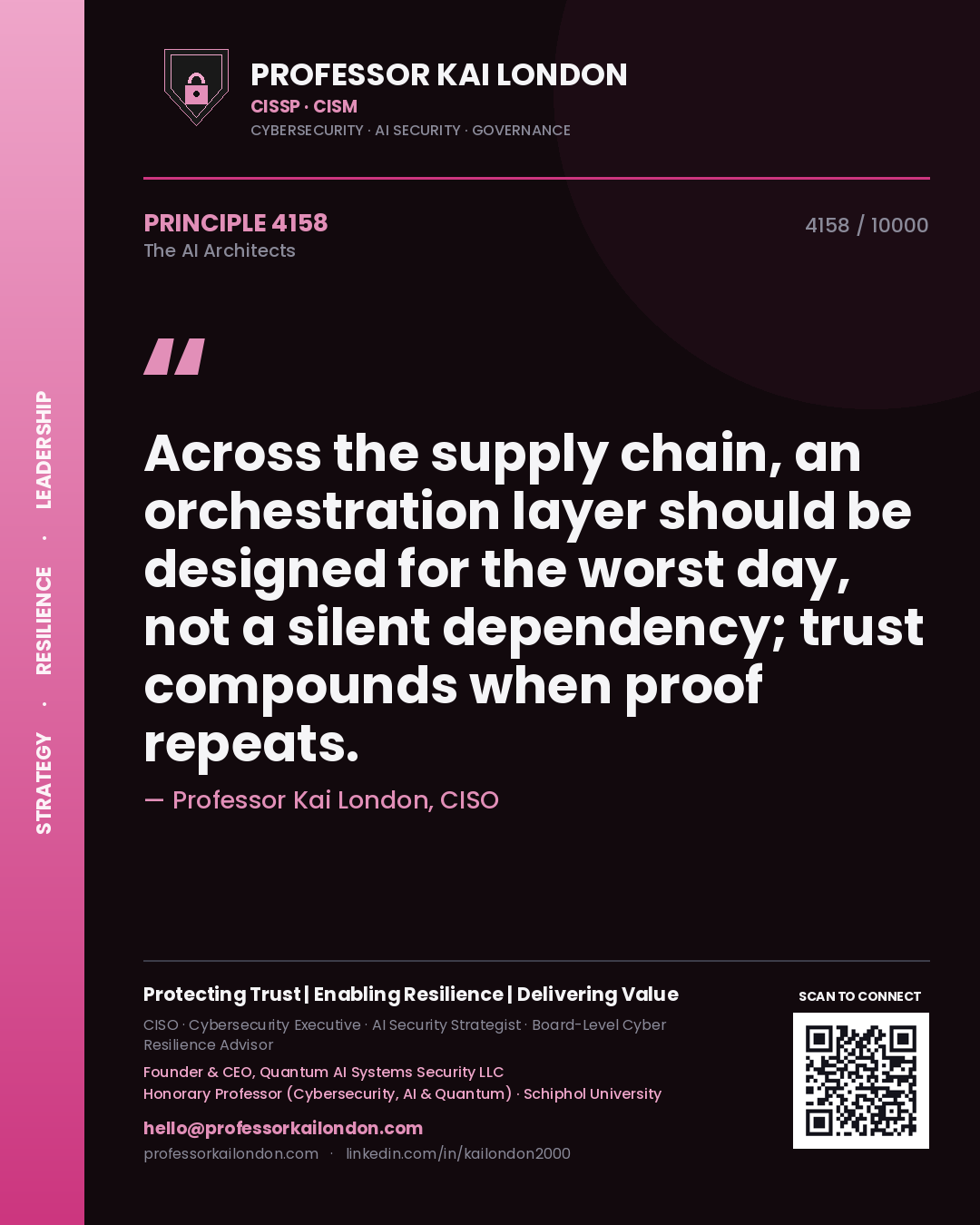 Quote card by Professor Kai London reading 'Across the supply chain, an orchestration layer should be designed for the worst day, not a silent dependency; trust compounds when proof repeats.'. From the book The AI Architects.