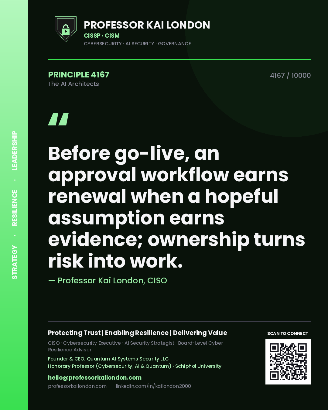 Professor Kai London principle 4167: Before go-live, an approval workflow earns renewal when a hopeful assumption earns evidence; ownership turns risk into work.