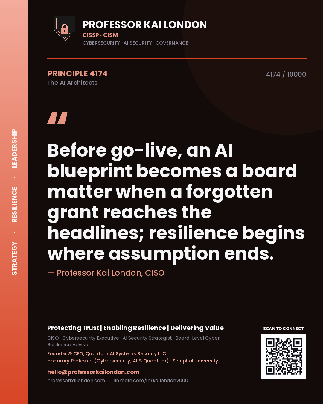 Professor Kai London principle 4174: Before go-live, an AI blueprint becomes a board matter when a forgotten grant reaches the headlines; resilience begins where assumption ends.