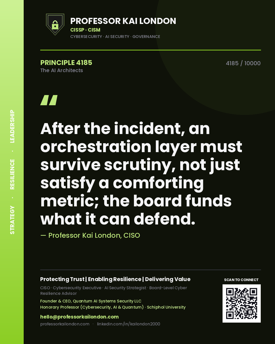 Quote card by Professor Kai London reading 'After the incident, an orchestration layer must survive scrutiny, not just satisfy a comforting metric; the board funds what it can defend.'. From the book The AI Architects.