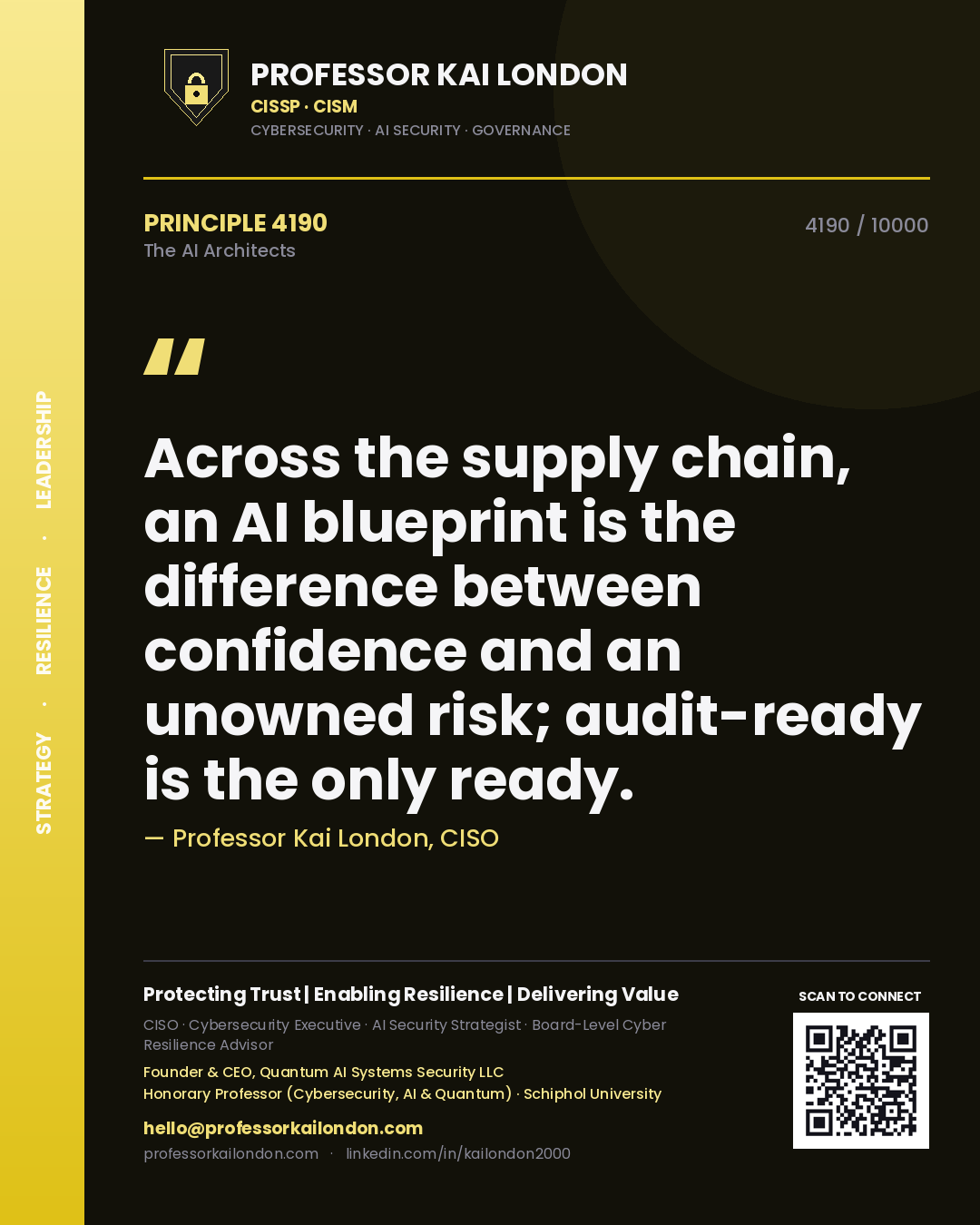 Quote card by Professor Kai London reading 'Across the supply chain, an AI blueprint is the difference between confidence and an unowned risk; audit-ready is the only ready.'. From the book The AI Architects.