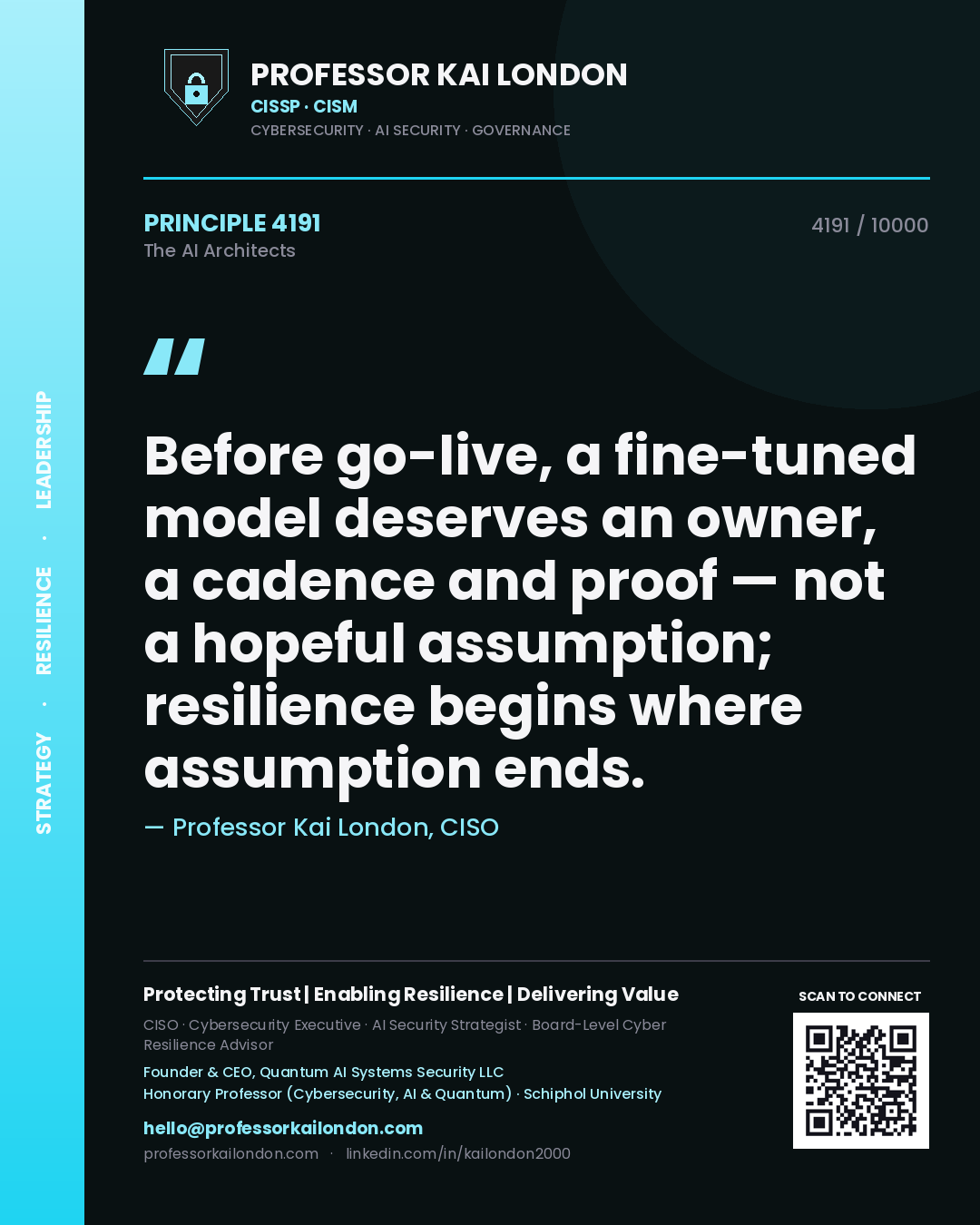 Professor Kai London principle 4191: Before go-live, a fine-tuned model deserves an owner, a cadence and proof — not a hopeful assumption; resilience begins where assumption ends.