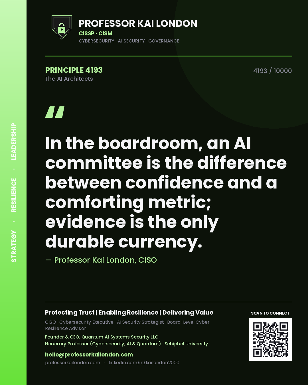 Quote card by Professor Kai London reading 'In the boardroom, an AI committee is the difference between confidence and a comforting metric; evidence is the only durable currency.'. From the book The AI Architects.