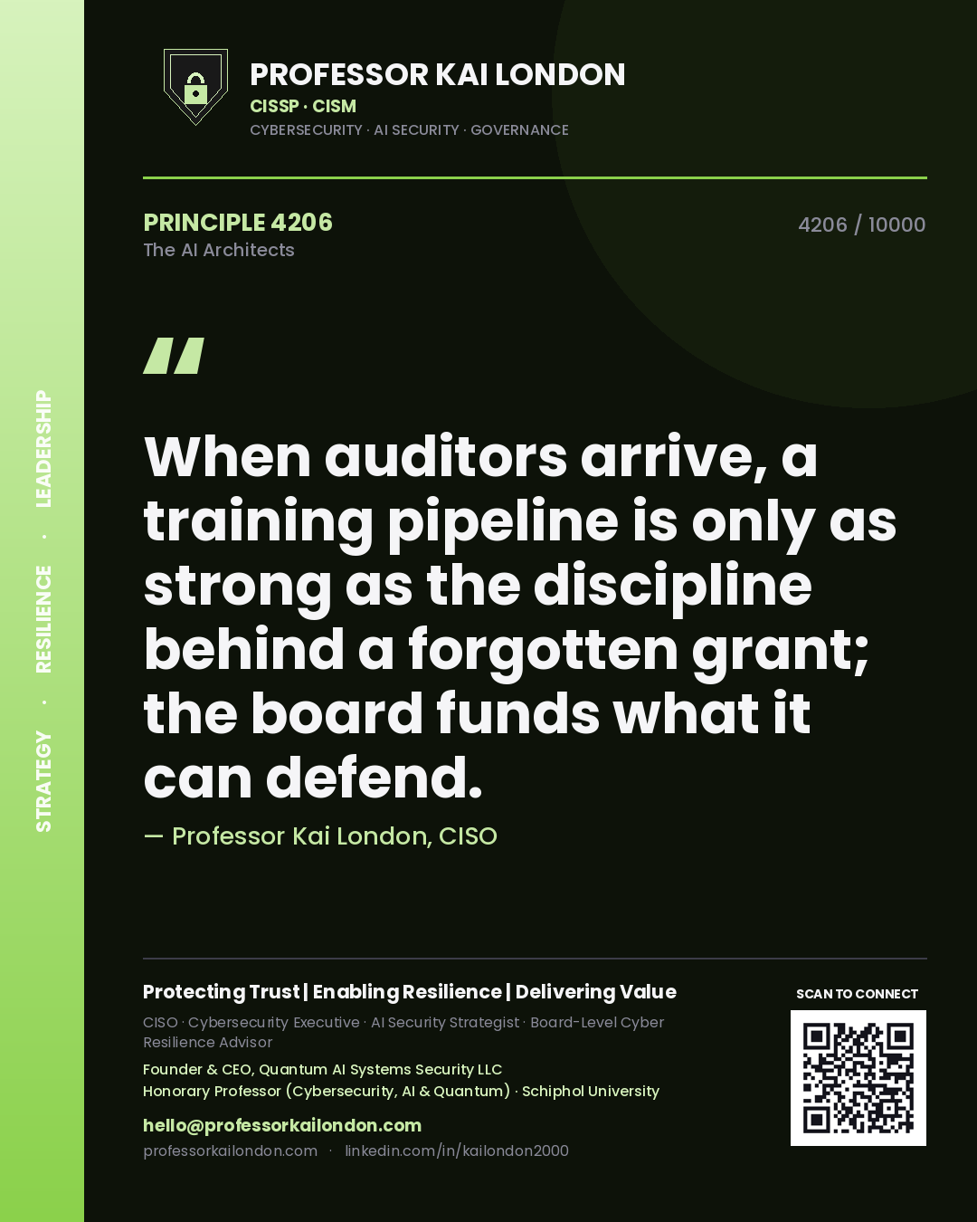 Quote card by Professor Kai London reading 'When auditors arrive, a training pipeline is only as strong as the discipline behind a forgotten grant; the board funds what it can defend.'. From the book The AI Architects.