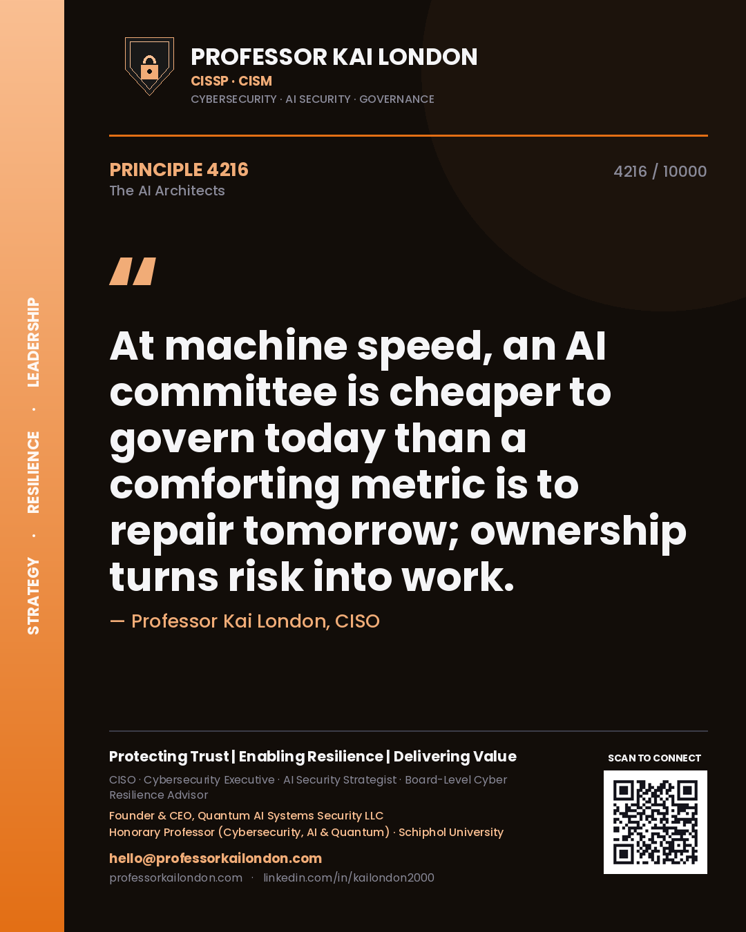 Quote card by Professor Kai London reading 'At machine speed, an AI committee is cheaper to govern today than a comforting metric is to repair tomorrow; ownership turns risk into work.'. From the book The AI Architects.