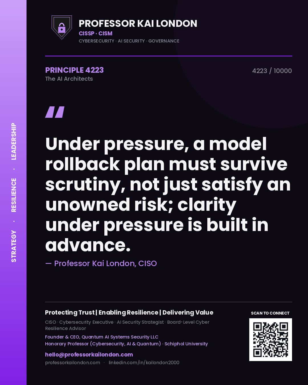 Quote card by Professor Kai London reading 'Under pressure, a model rollback plan must survive scrutiny, not just satisfy an unowned risk; clarity under pressure is built in advance.'. From the book The AI Architects.