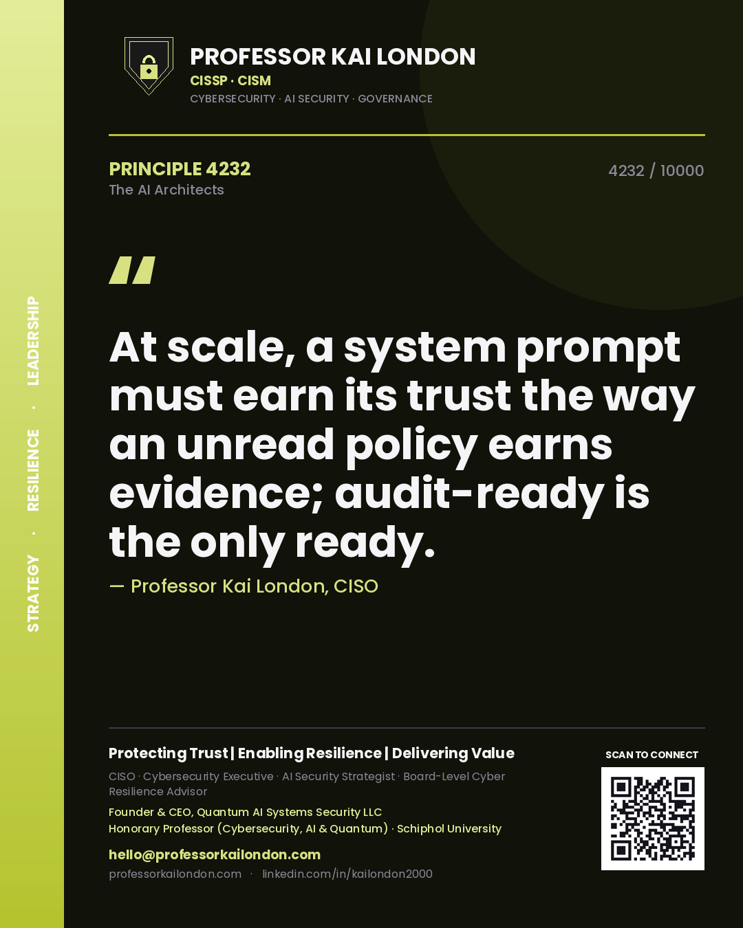 Quote card by Professor Kai London reading 'At scale, a system prompt must earn its trust the way an unread policy earns evidence; audit-ready is the only ready.'. From the book The AI Architects.