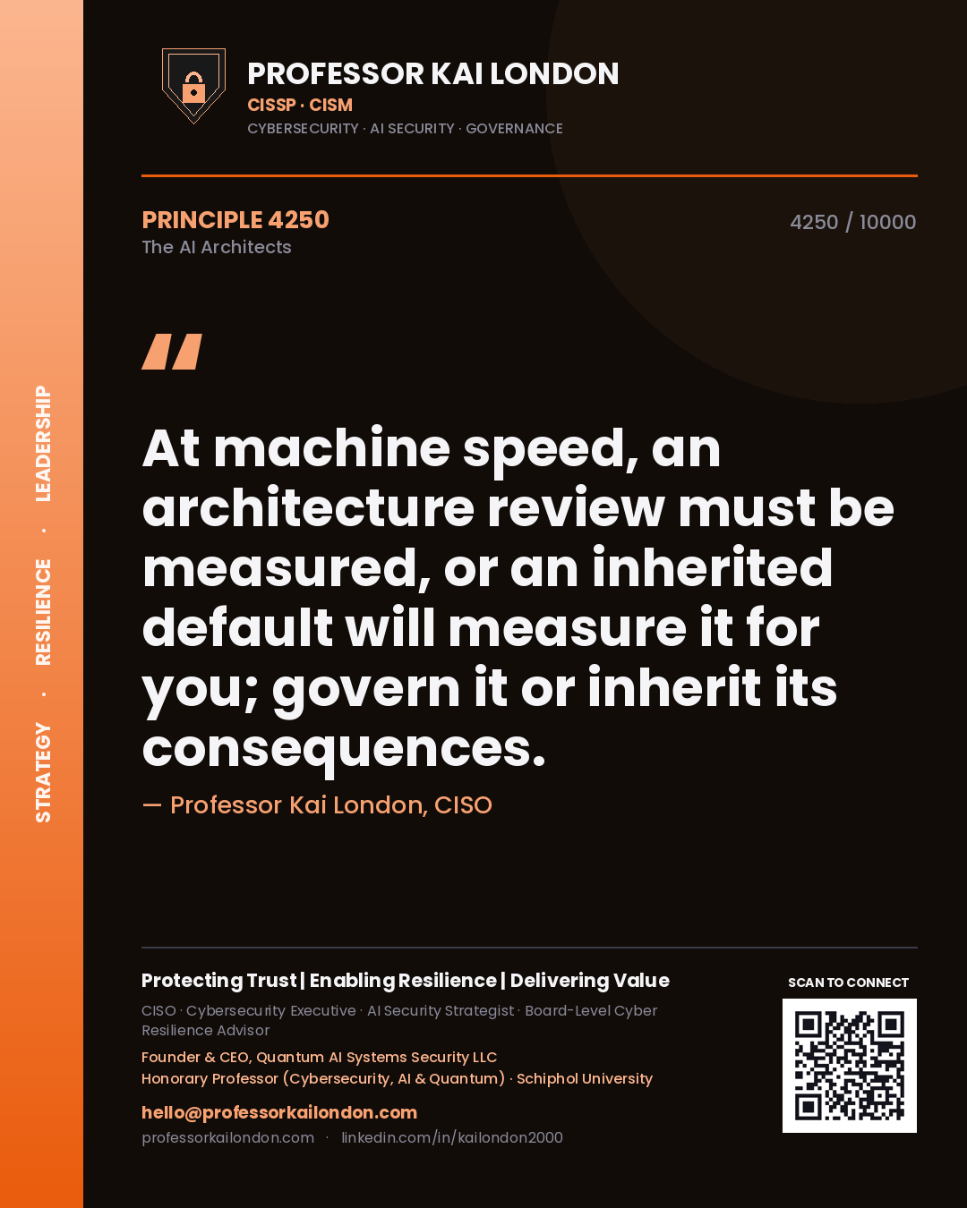 Quote card by Professor Kai London reading 'At machine speed, an architecture review must be measured, or an inherited default will measure it for you; govern it or inherit its consequences.'. From the book The AI Architects.