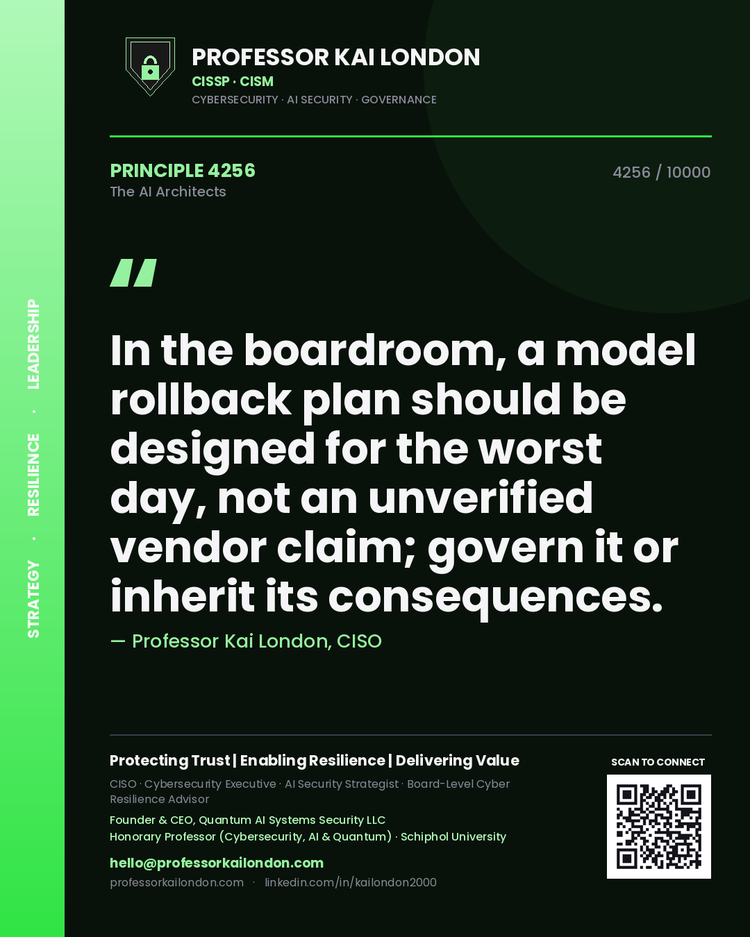 Professor Kai London principle 4256: In the boardroom, a model rollback plan should be designed for the worst day, not an unverified vendor claim; govern it or inherit its consequences.