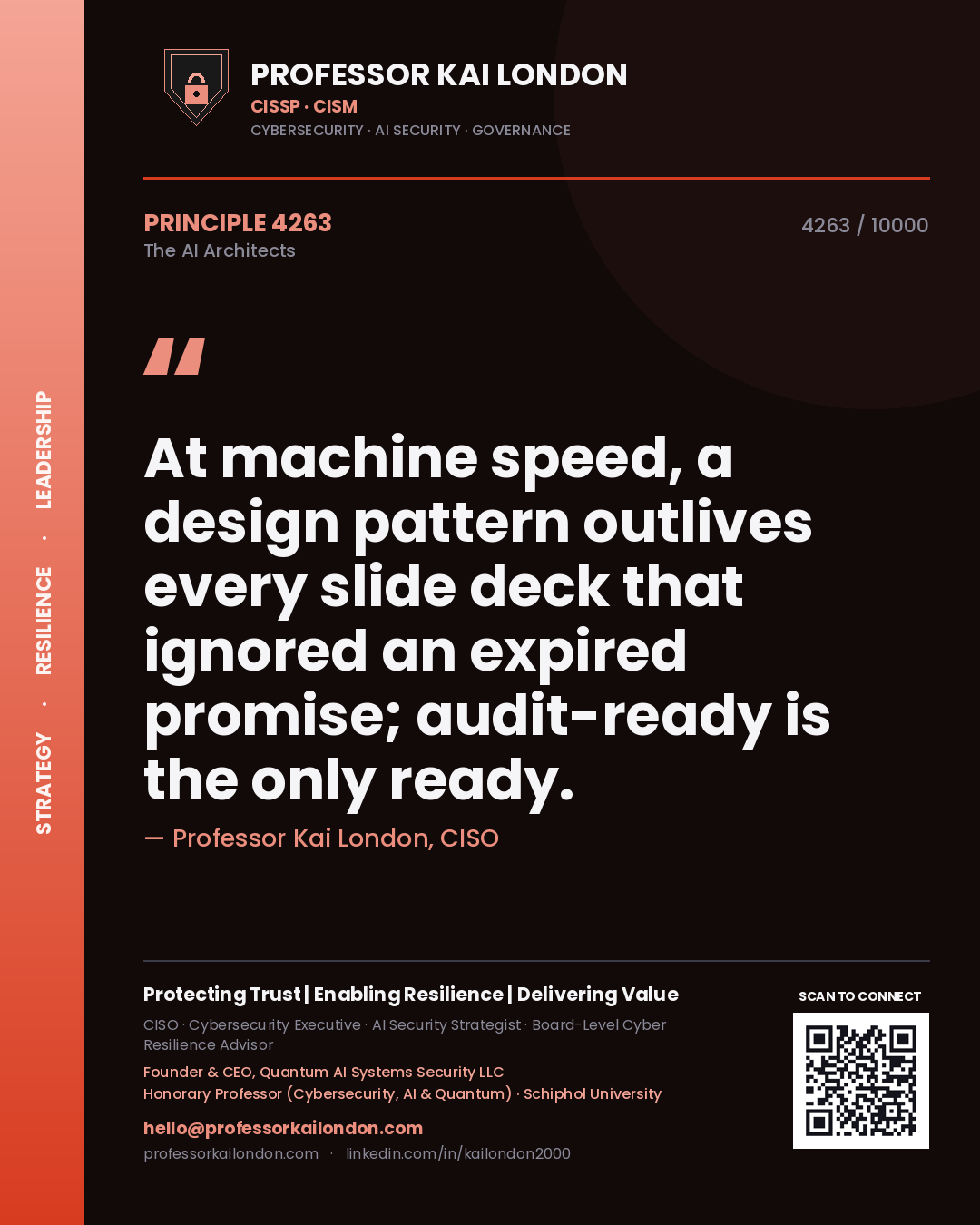 Quote card by Professor Kai London reading 'At machine speed, a design pattern outlives every slide deck that ignored an expired promise; audit-ready is the only ready.'. From the book The AI Architects.