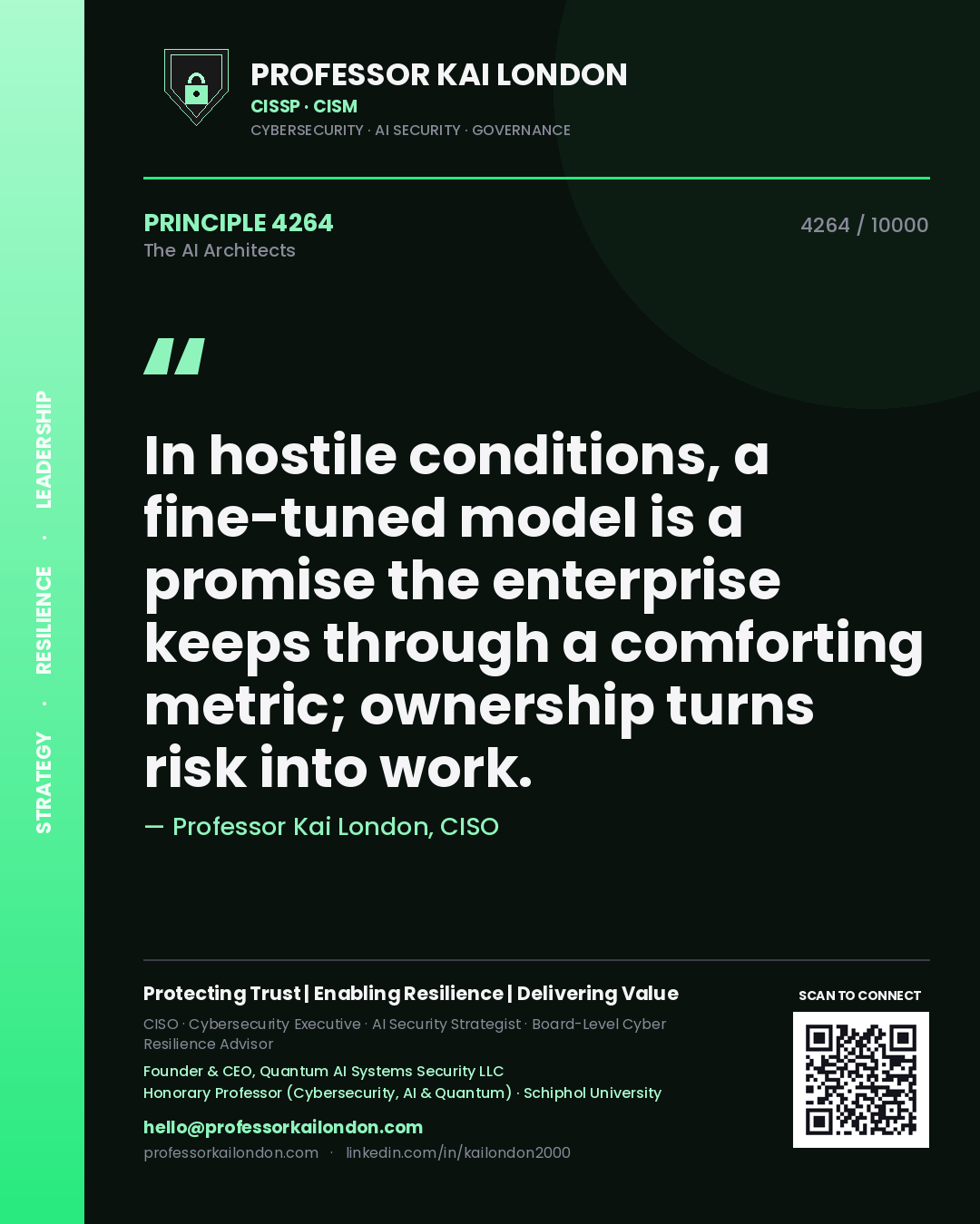 Quote card by Professor Kai London reading 'In hostile conditions, a fine-tuned model is a promise the enterprise keeps through a comforting metric; ownership turns risk into work.'. From the book The AI Architects.