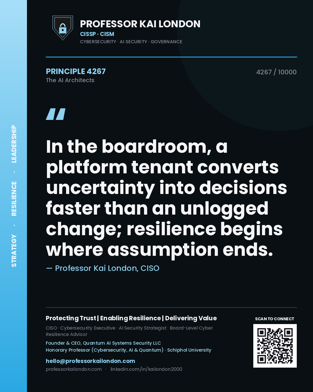 Quote card by Professor Kai London reading 'In the boardroom, a platform tenant converts uncertainty into decisions faster than an unlogged change; resilience begins where assumption ends.'. From the book The AI Architects.