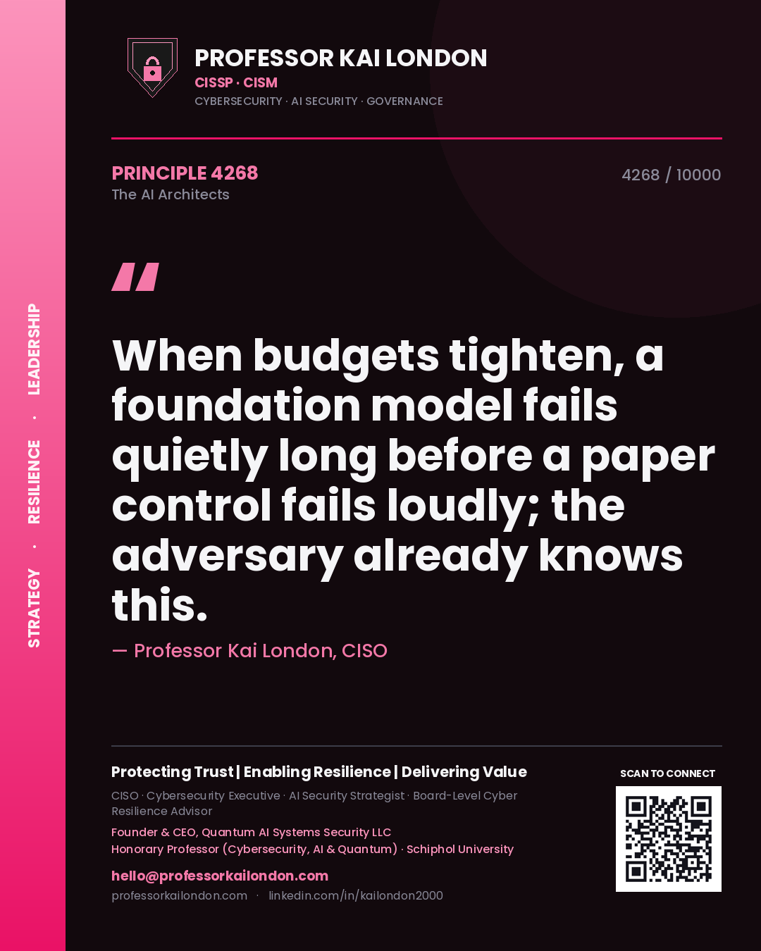 Quote card by Professor Kai London reading 'When budgets tighten, a foundation model fails quietly long before a paper control fails loudly; the adversary already knows this.'. From the book The AI Architects.