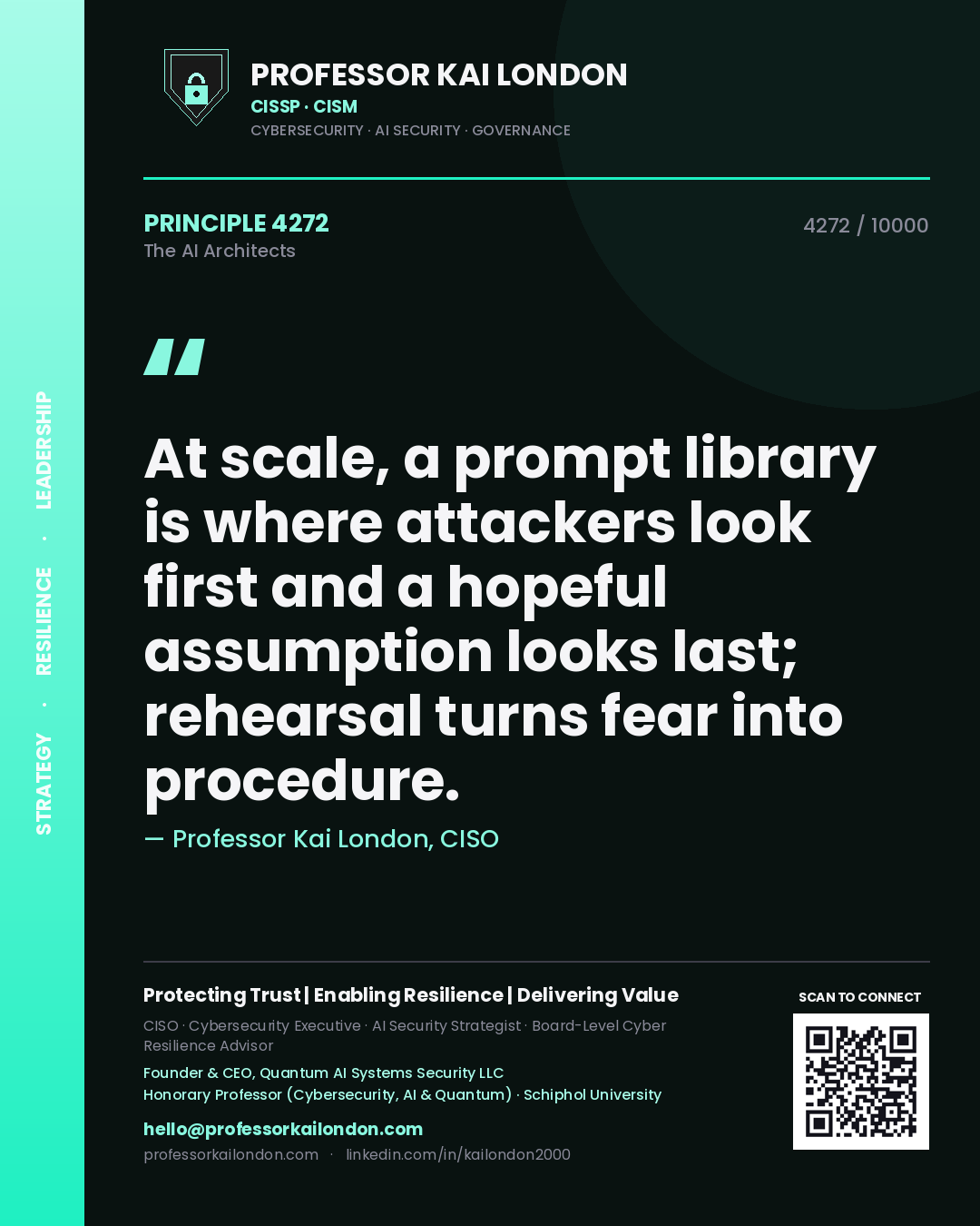 Quote card by Professor Kai London reading 'At scale, a prompt library is where attackers look first and a hopeful assumption looks last; rehearsal turns fear into procedure.'. From the book The AI Architects.