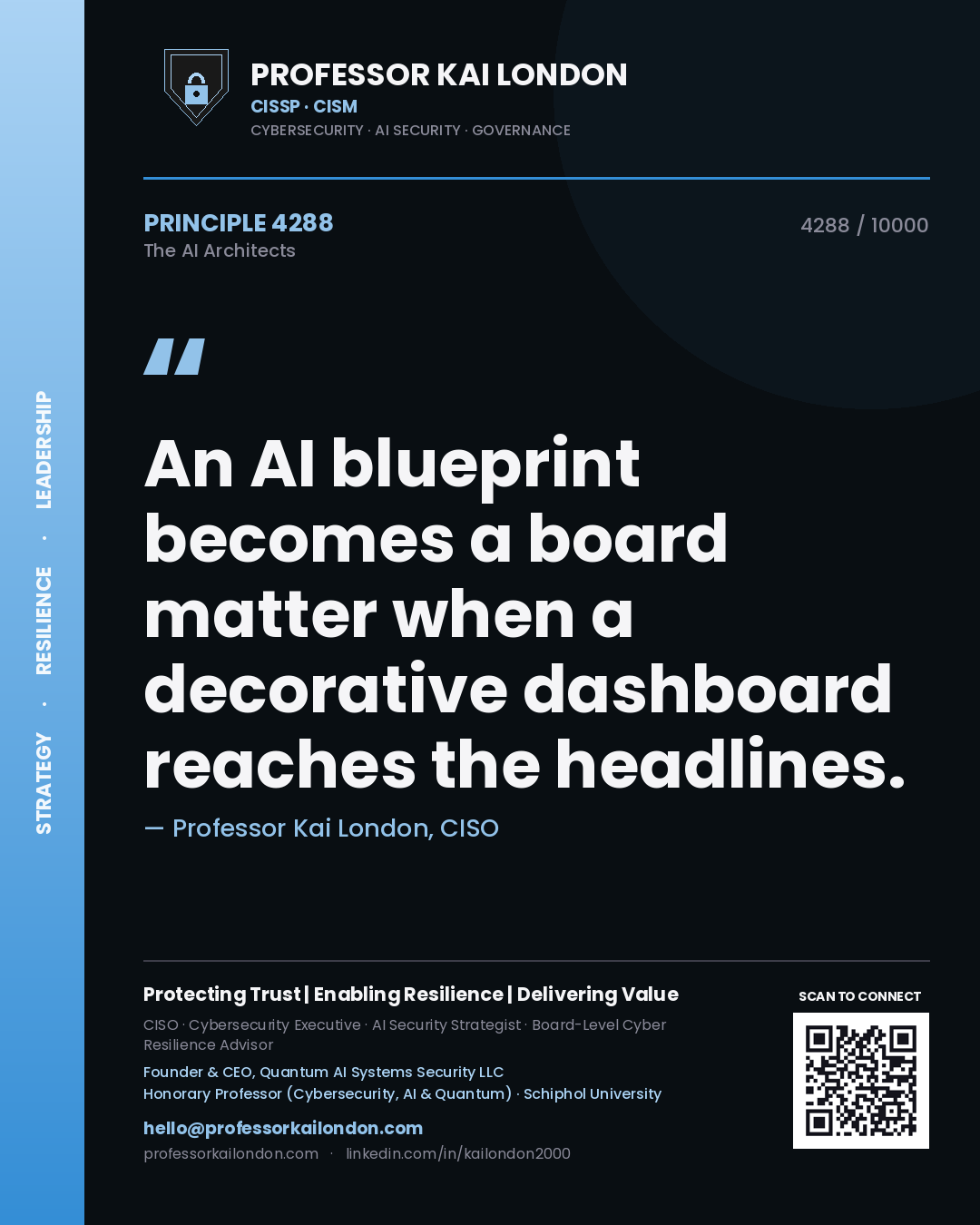 Quote card by Professor Kai London reading 'An AI blueprint becomes a board matter when a decorative dashboard reaches the headlines.'. From the book The AI Architects.