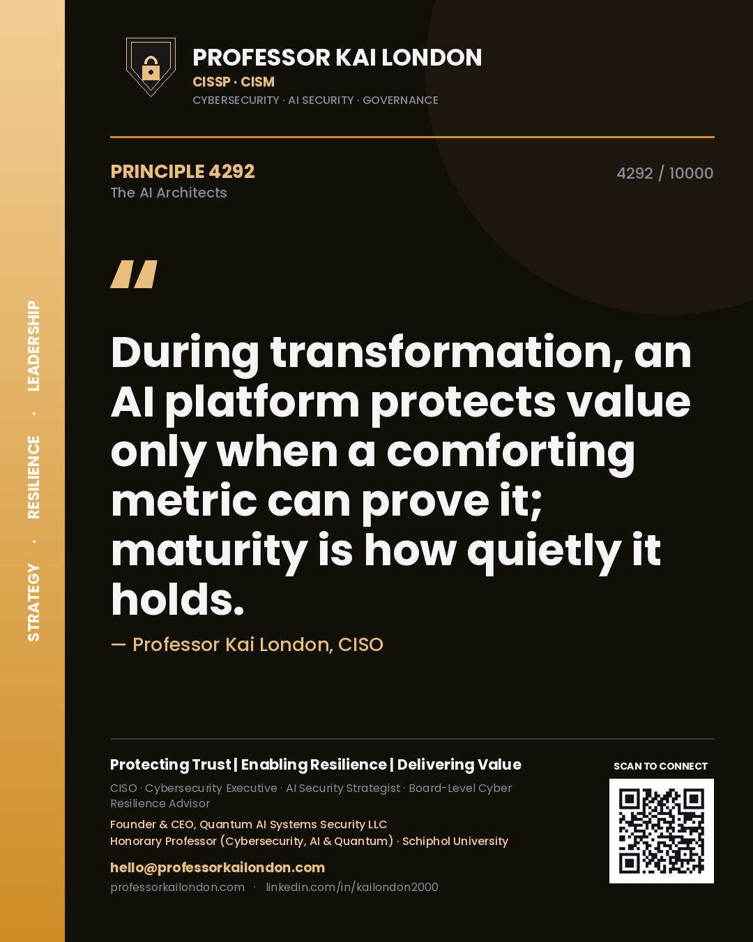 Quote card by Professor Kai London reading 'During transformation, an AI platform protects value only when a comforting metric can prove it; maturity is how quietly it holds.'. From the book The AI Architects.