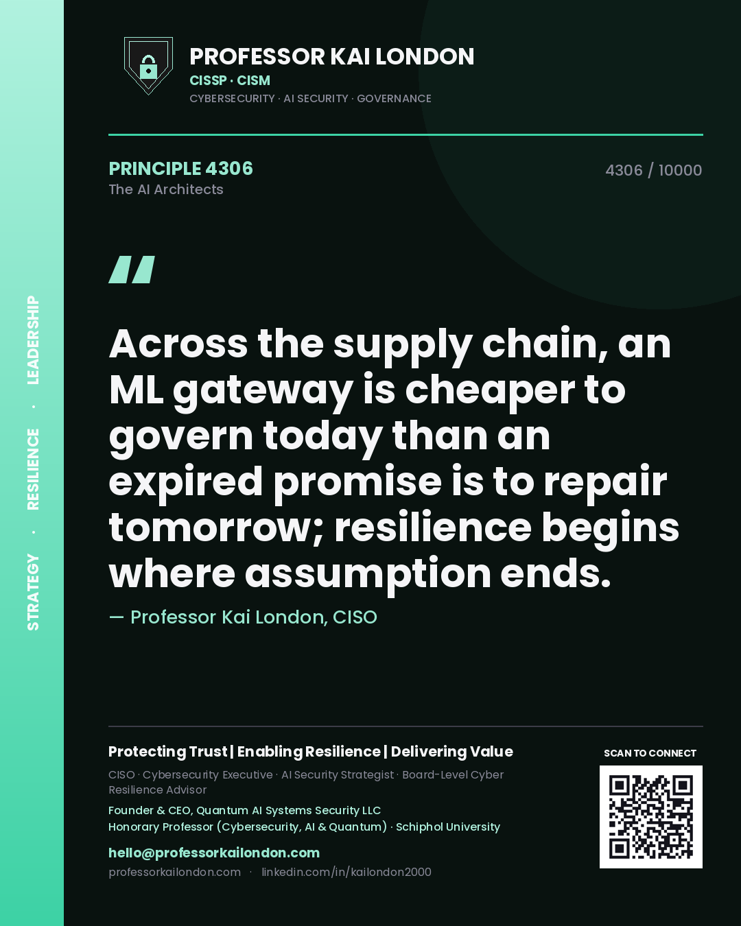 Quote card by Professor Kai London reading 'Across the supply chain, an ML gateway is cheaper to govern today than an expired promise is to repair tomorrow; resilience begins where assumption ends.'. From the book The AI Architects.