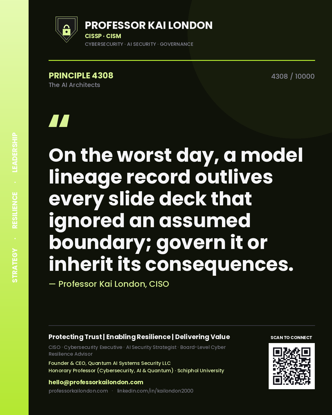 Quote card by Professor Kai London reading 'On the worst day, a model lineage record outlives every slide deck that ignored an assumed boundary; govern it or inherit its consequences.'. From the book The AI Architects.