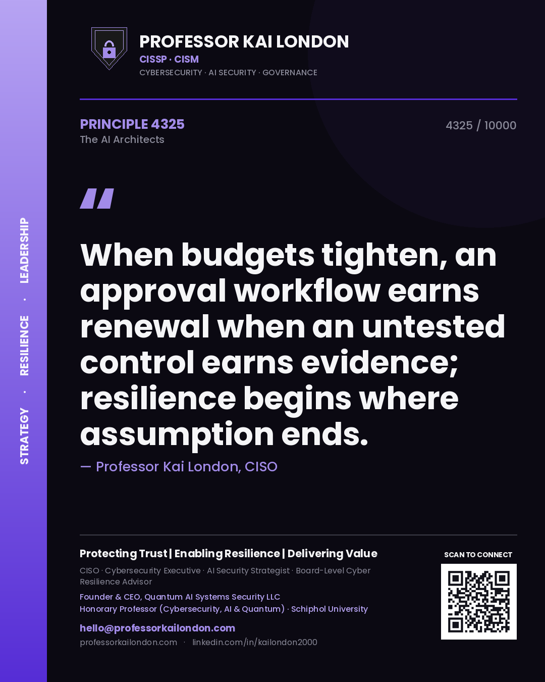 Quote card by Professor Kai London reading 'When budgets tighten, an approval workflow earns renewal when an untested control earns evidence; resilience begins where assumption ends.'. From the book The AI Architects.