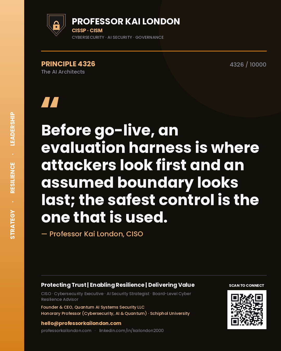 Quote card by Professor Kai London reading 'Before go-live, an evaluation harness is where attackers look first and an assumed boundary looks last; the safest control is the one that is used.'. From the book The AI Architects.