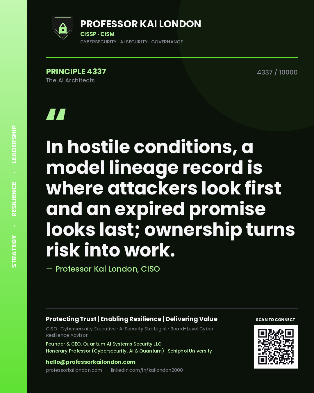 Quote card by Professor Kai London reading 'In hostile conditions, a model lineage record is where attackers look first and an expired promise looks last; ownership turns risk into work.'. From the book The AI Architects.