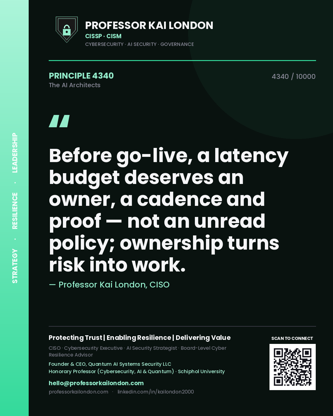 Quote card by Professor Kai London reading 'Before go-live, a latency budget deserves an owner, a cadence and proof — not an unread policy; ownership turns risk into work.'. From the book The AI Architects.