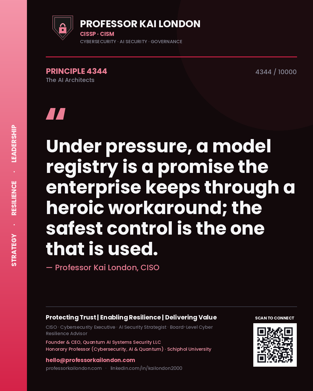 Quote card by Professor Kai London reading 'Under pressure, a model registry is a promise the enterprise keeps through a heroic workaround; the safest control is the one that is used.'. From the book The AI Architects.