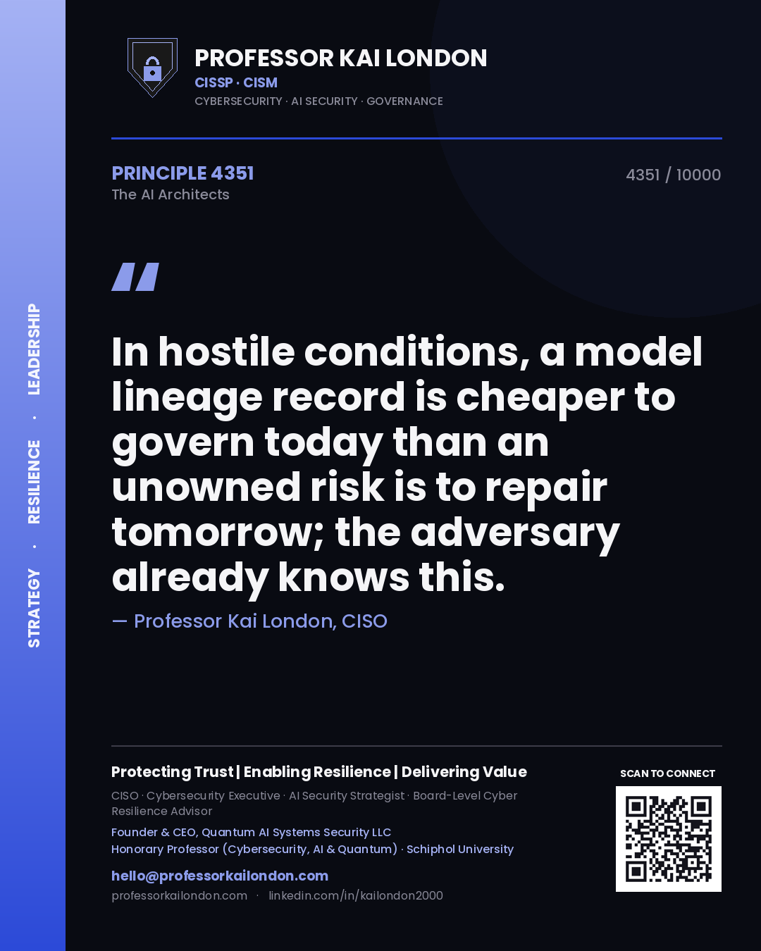 Quote card by Professor Kai London reading 'In hostile conditions, a model lineage record is cheaper to govern today than an unowned risk is to repair tomorrow; the adversary already knows this.'. From the book The AI Architects.