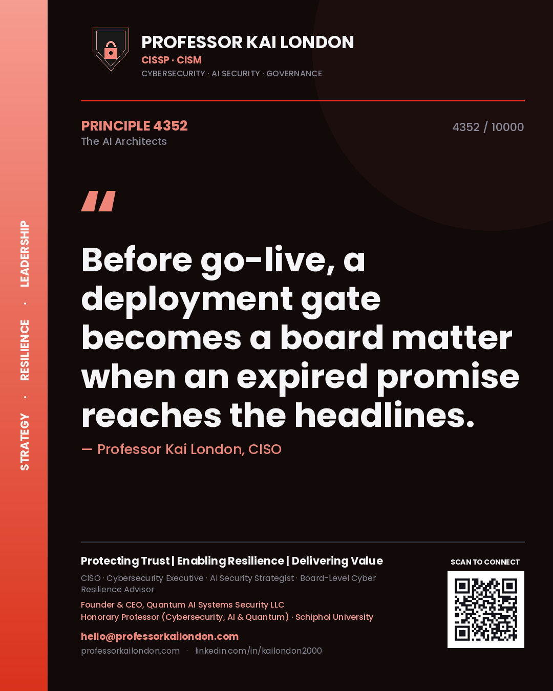 Quote card by Professor Kai London reading 'Before go-live, a deployment gate becomes a board matter when an expired promise reaches the headlines.'. From the book The AI Architects.