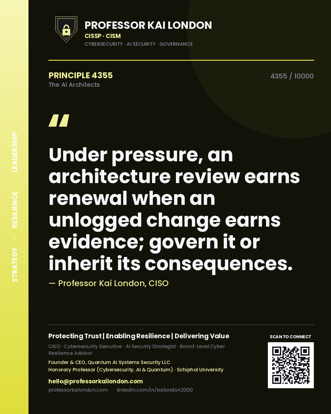 Quote card by Professor Kai London reading 'Under pressure, an architecture review earns renewal when an unlogged change earns evidence; govern it or inherit its consequences.'. From the book The AI Architects.