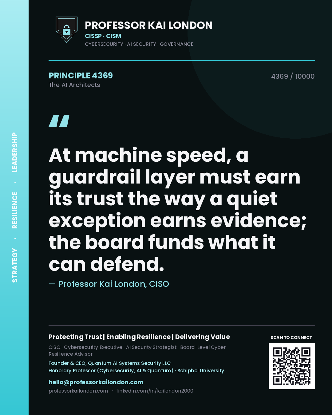 Quote card by Professor Kai London reading 'At machine speed, a guardrail layer must earn its trust the way a quiet exception earns evidence; the board funds what it can defend.'. From the book The AI Architects.