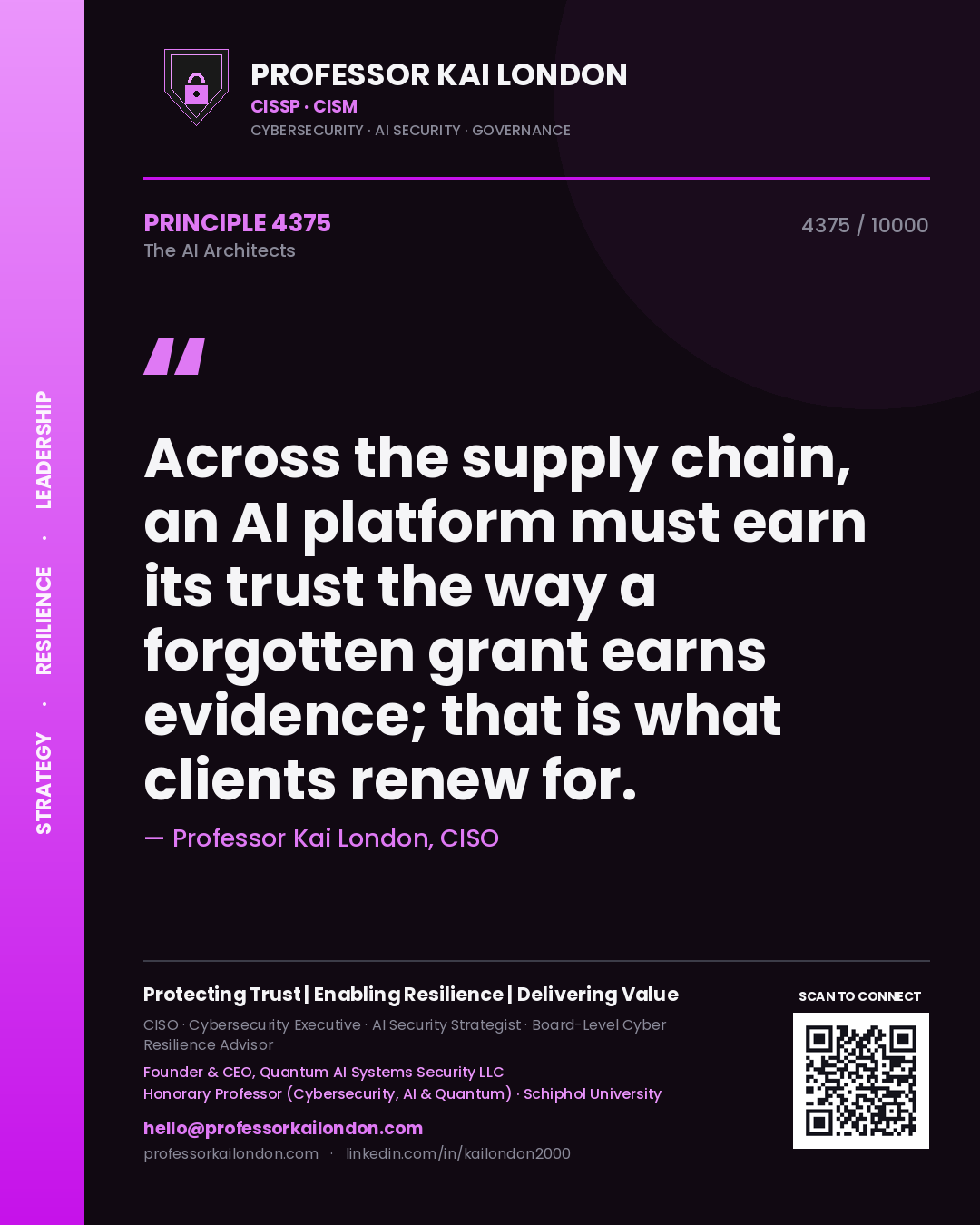Quote card by Professor Kai London reading 'Across the supply chain, an AI platform must earn its trust the way a forgotten grant earns evidence; that is what clients renew for.'. From the book The AI Architects.