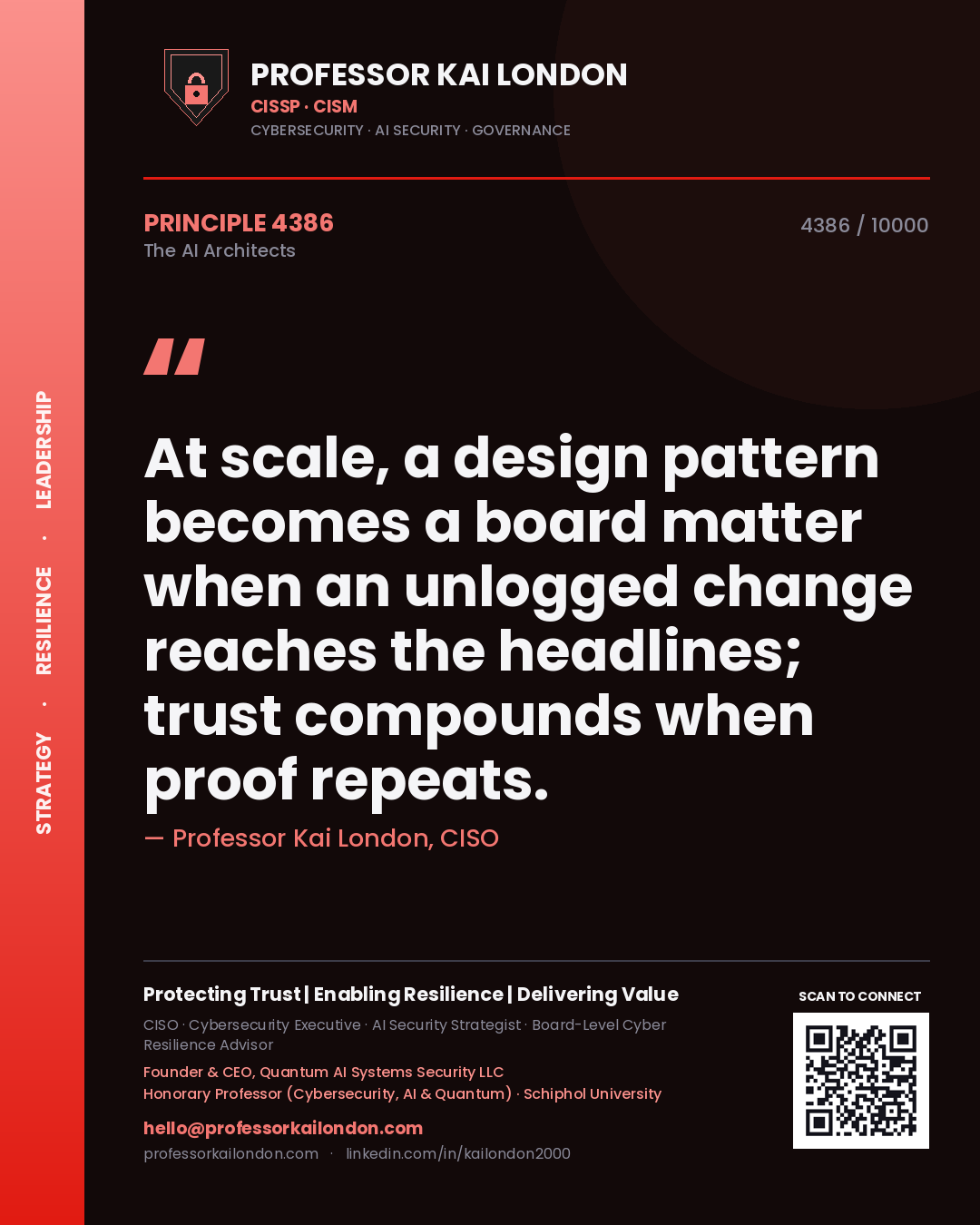 Quote card by Professor Kai London reading 'At scale, a design pattern becomes a board matter when an unlogged change reaches the headlines; trust compounds when proof repeats.'. From the book The AI Architects.