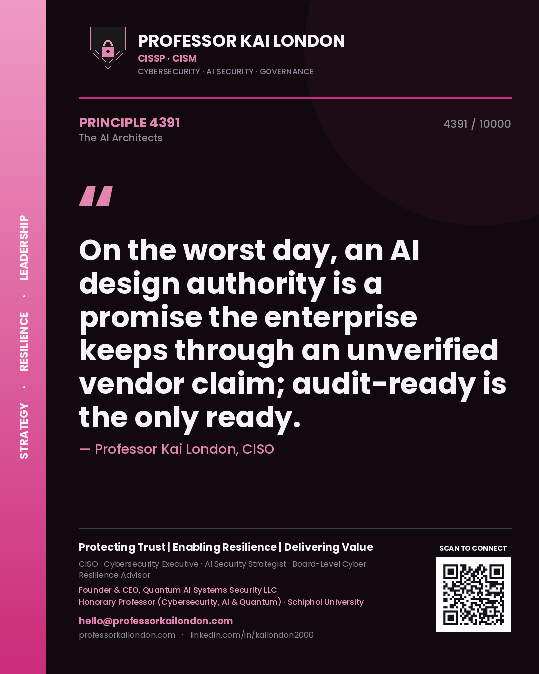 Quote card by Professor Kai London reading 'On the worst day, an AI design authority is a promise the enterprise keeps through an unverified vendor claim; audit-ready is the only ready.'. From the book The AI Architects.