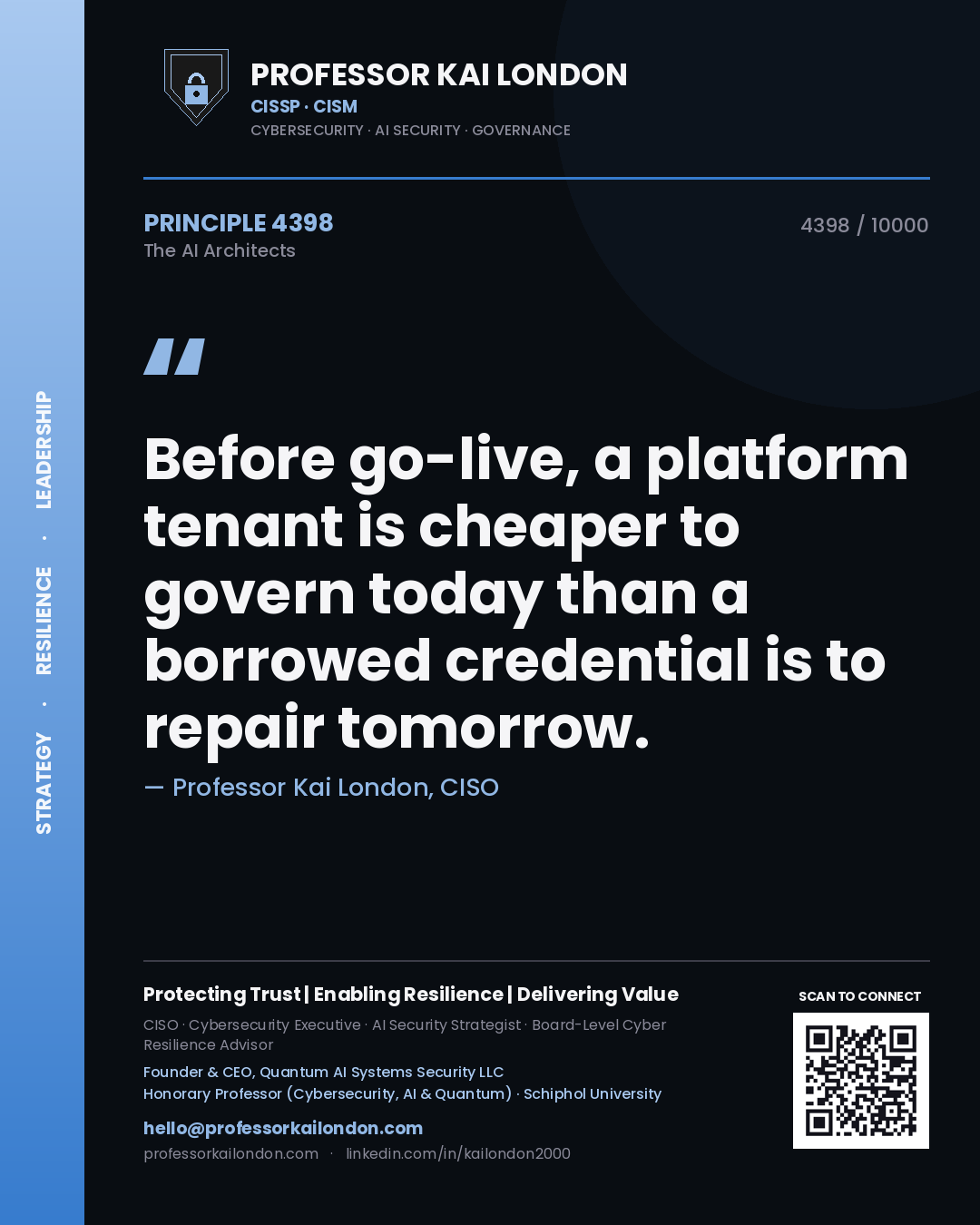 Quote card by Professor Kai London reading 'Before go-live, a platform tenant is cheaper to govern today than a borrowed credential is to repair tomorrow.'. From the book The AI Architects.