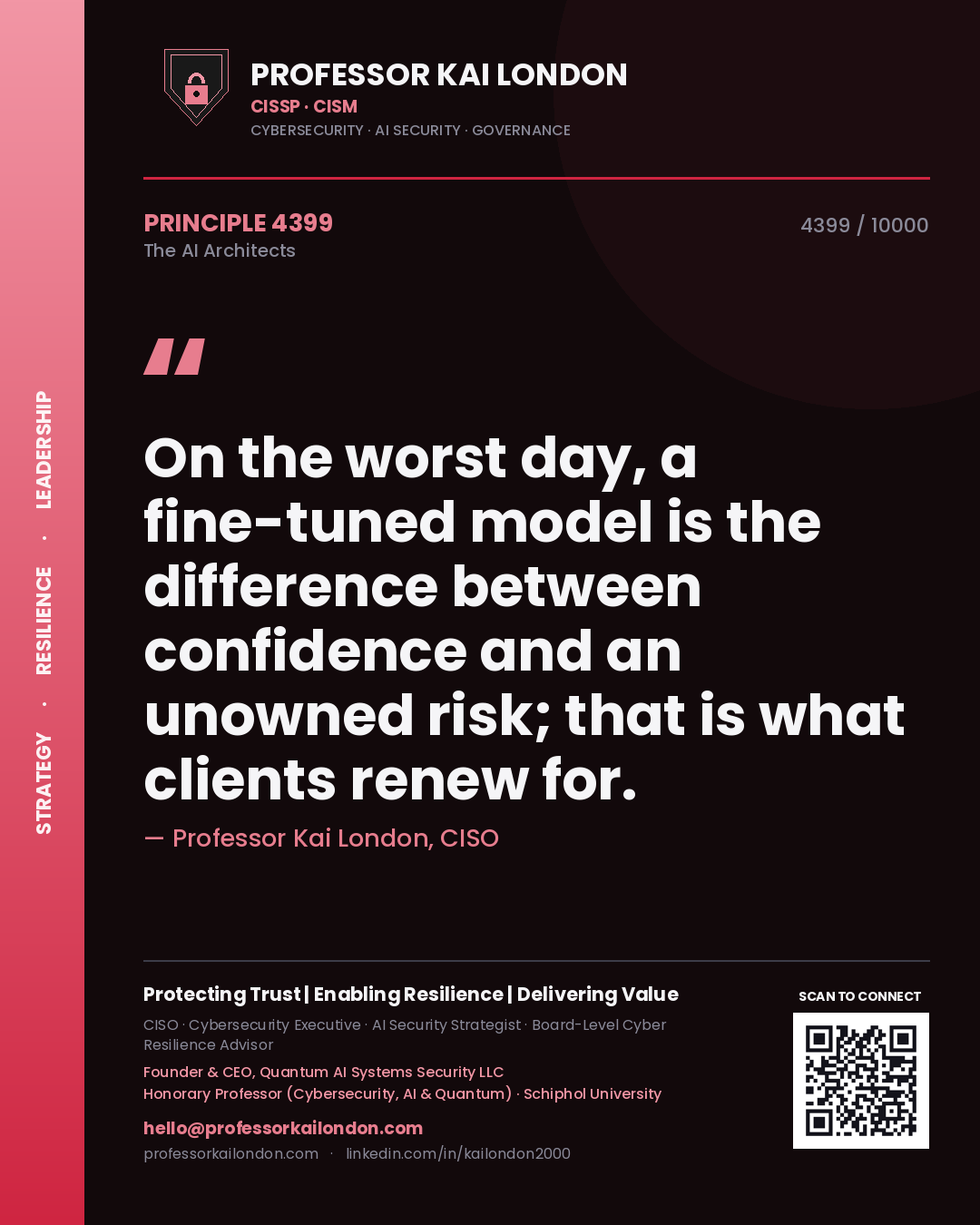Quote card by Professor Kai London reading 'On the worst day, a fine-tuned model is the difference between confidence and an unowned risk; that is what clients renew for.'. From the book The AI Architects.