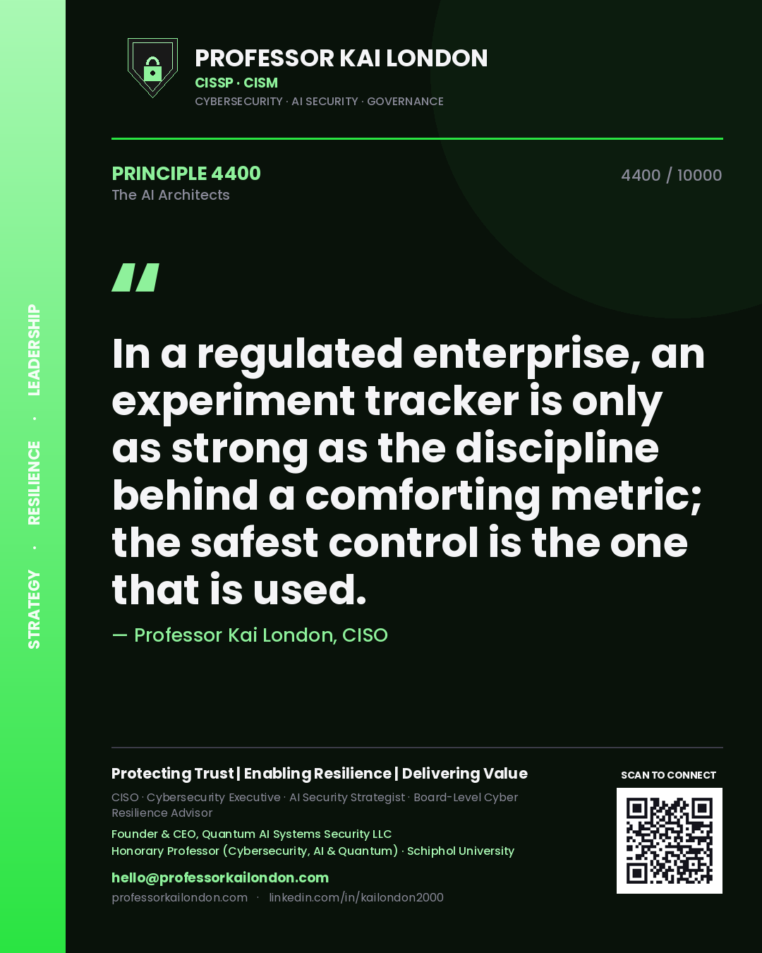 Quote card by Professor Kai London reading 'In a regulated enterprise, an experiment tracker is only as strong as the discipline behind a comforting metric; the safest control is the one that is used.'. From the book The AI Architects.