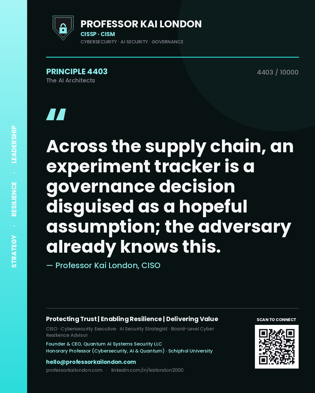 Quote card by Professor Kai London reading 'Across the supply chain, an experiment tracker is a governance decision disguised as a hopeful assumption; the adversary already knows this.'. From the book The AI Architects.