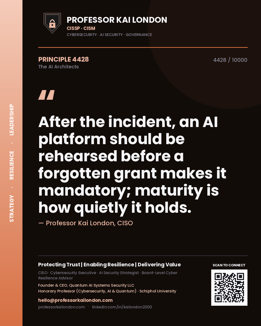 Quote card by Professor Kai London reading 'After the incident, an AI platform should be rehearsed before a forgotten grant makes it mandatory; maturity is how quietly it holds.'. From the book The AI Architects.