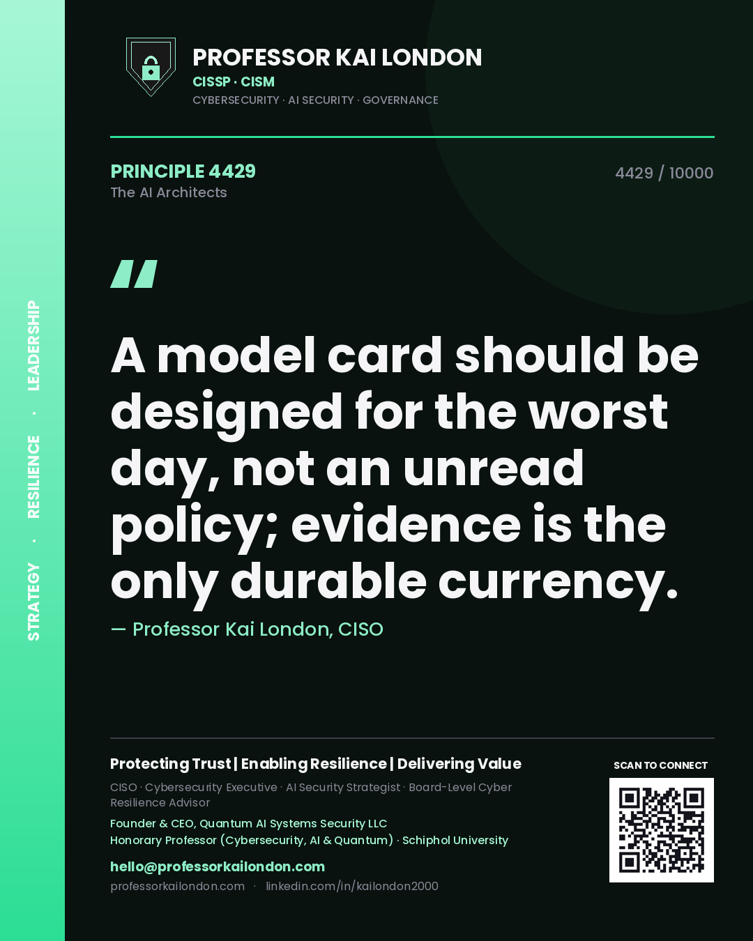 Quote card by Professor Kai London reading 'A model card should be designed for the worst day, not an unread policy; evidence is the only durable currency.'. From the book The AI Architects.