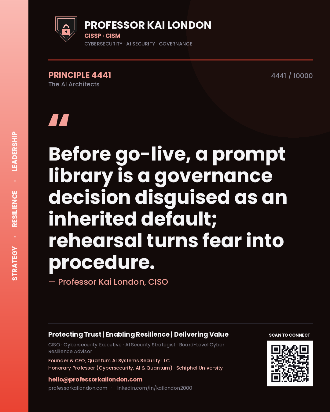 Professor Kai London principle 4441: Before go-live, a prompt library is a governance decision disguised as an inherited default; rehearsal turns fear into procedure.