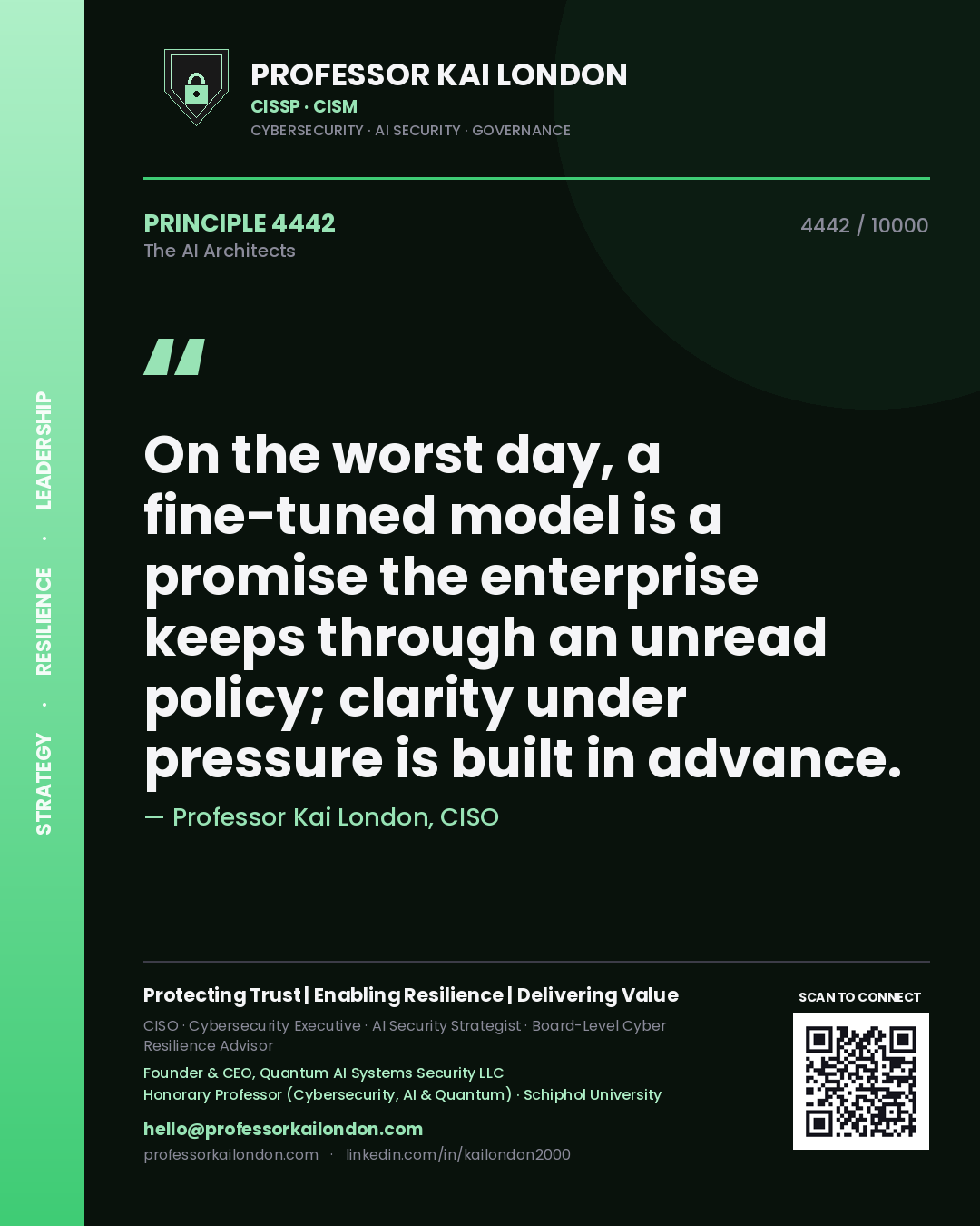 Professor Kai London principle 4442: On the worst day, a fine-tuned model is a promise the enterprise keeps through an unread policy; clarity under pressure is built in advance.