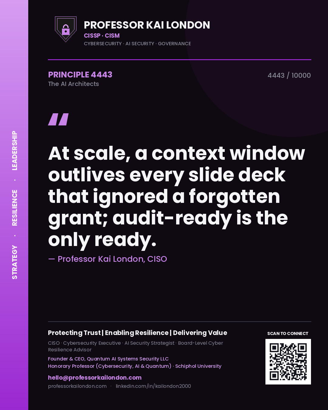 Quote card by Professor Kai London reading 'At scale, a context window outlives every slide deck that ignored a forgotten grant; audit-ready is the only ready.'. From the book The AI Architects.