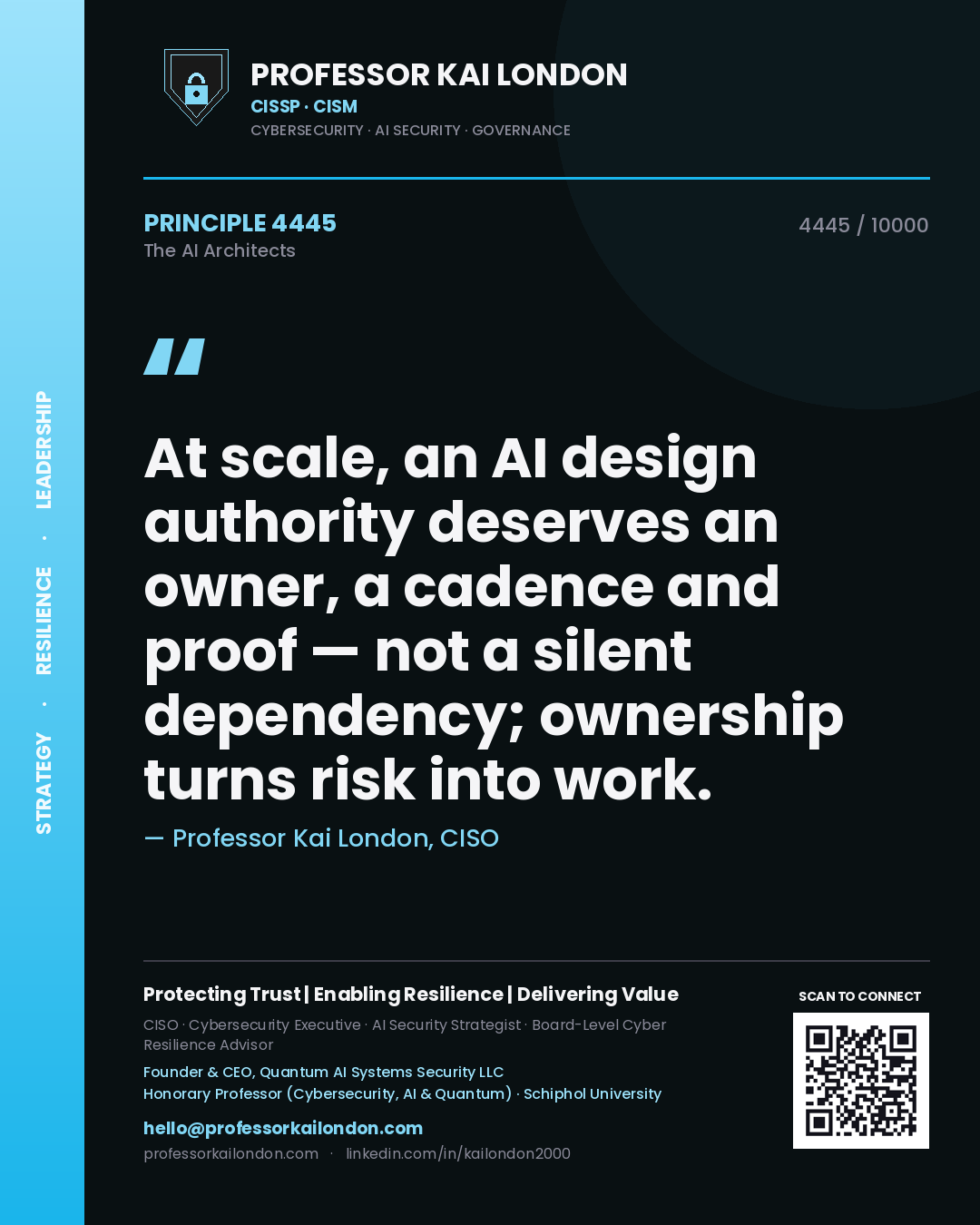 Quote card by Professor Kai London reading 'At scale, an AI design authority deserves an owner, a cadence and proof — not a silent dependency; ownership turns risk into work.'. From the book The AI Architects.
