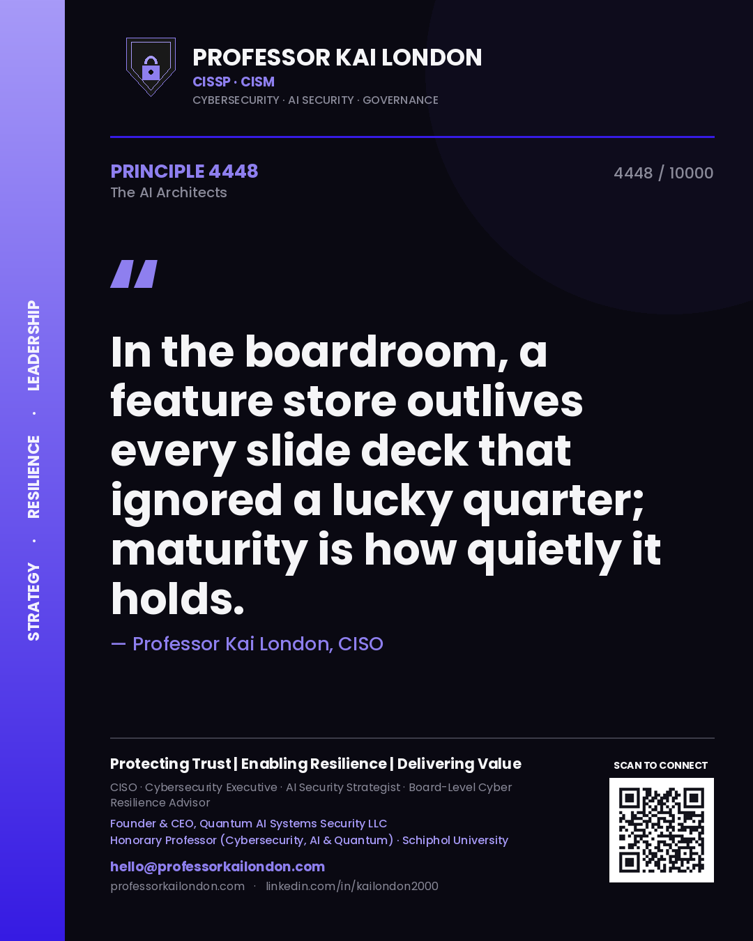 Quote card by Professor Kai London reading 'In the boardroom, a feature store outlives every slide deck that ignored a lucky quarter; maturity is how quietly it holds.'. From the book The AI Architects.